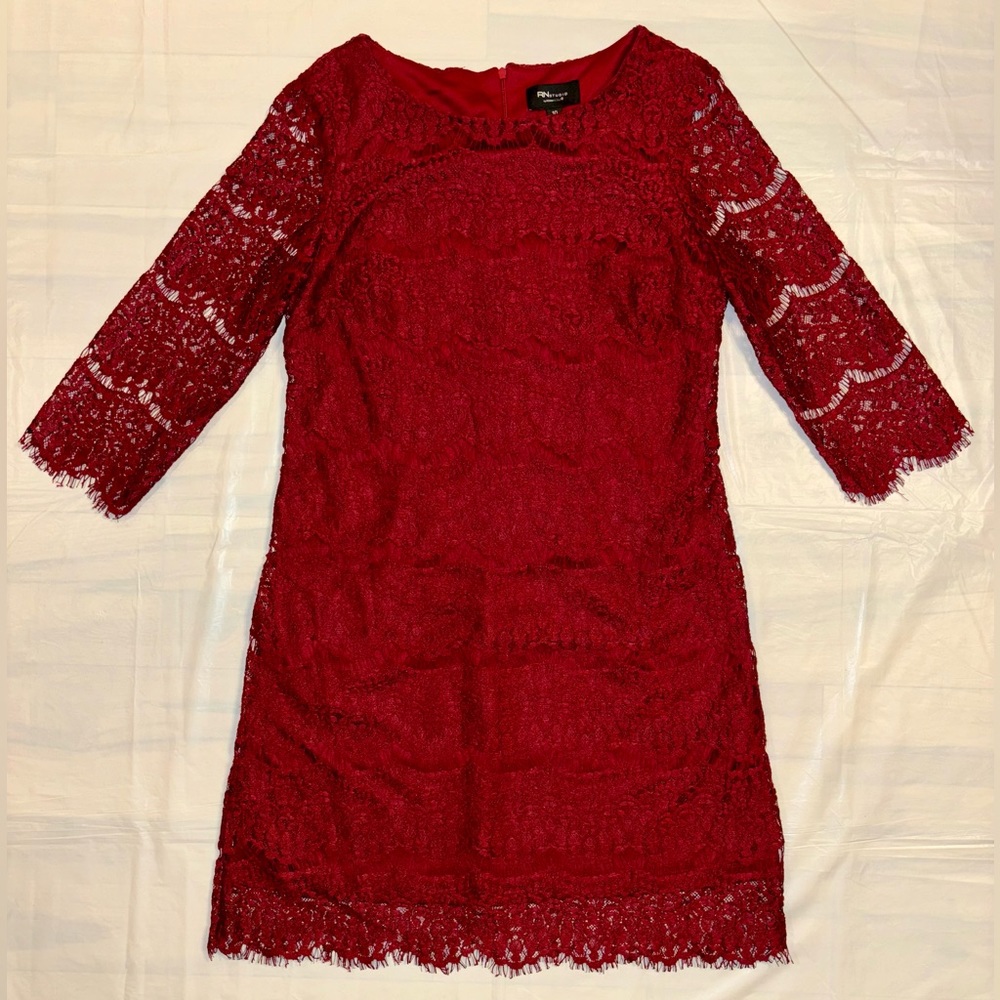 RN STUDIO RONNI NICOLE BURGUNDY 3/4 SLEEVE LACE DRESS SIZE 10